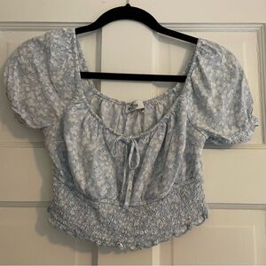Hollister Blue and White Smocked Puff Sleeve Blouse Size XS